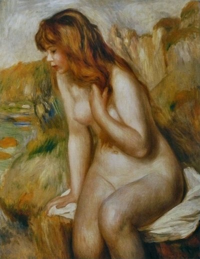 Sitzende Badende auf einem Felsen von Pierre Auguste Renoir